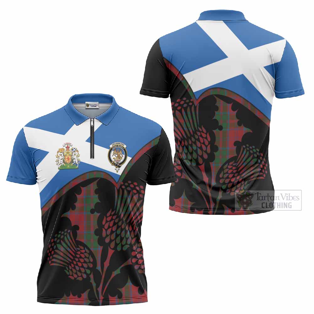 Drummond Tartan Family Crest Zipper Polo Shirt Scotland Thistle Floral Flag Style