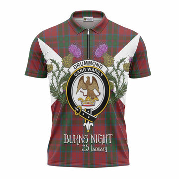 Drummond Tartan Family Crest Zipper Polo Shirt Scottish Burns Night Thistle Floral