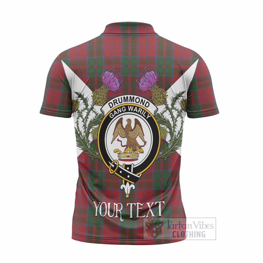 Drummond Tartan Family Crest Zipper Polo Shirt Scottish Burns Night Thistle Floral