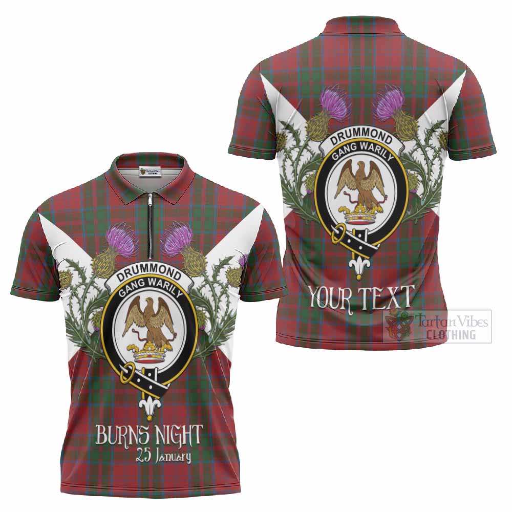 Drummond Tartan Family Crest Zipper Polo Shirt Scottish Burns Night Thistle Floral