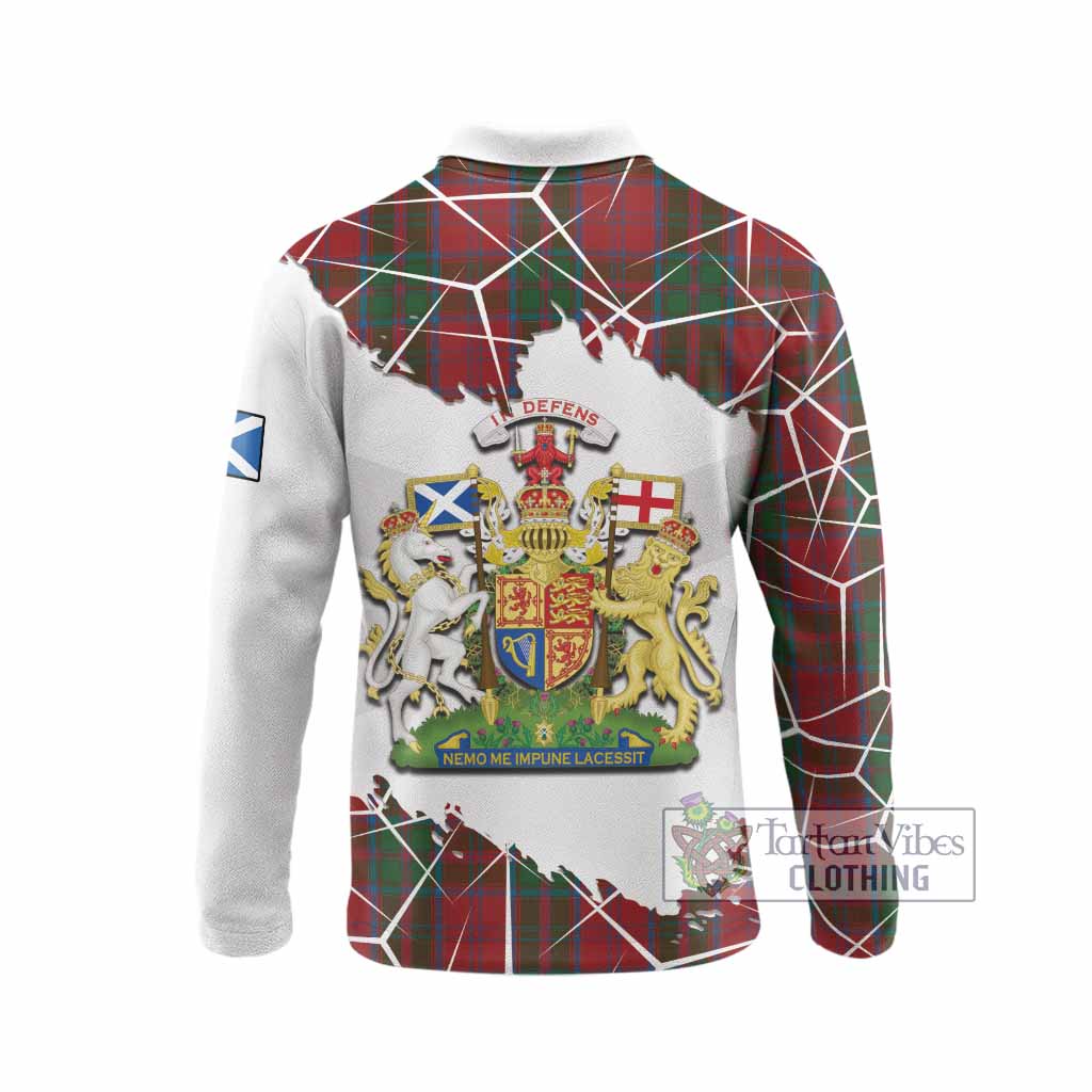 Drummond Tartan Long Sleeve Polo Shirt with Family Crest and Lion Rampant Grunge Style