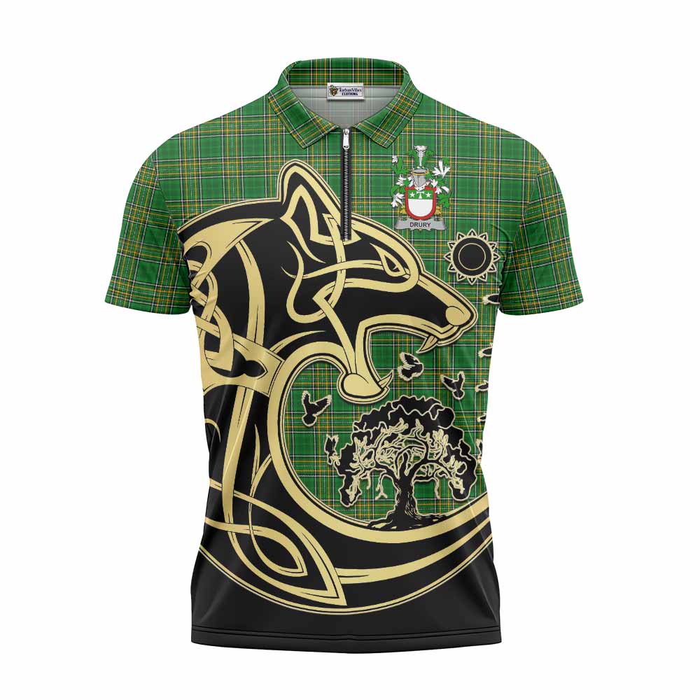 Drury Irish Tartan Zipper Polo Shirt with Coat of Arms Celtic Wolf Style Unisex - Tartan Vibes Clothing
