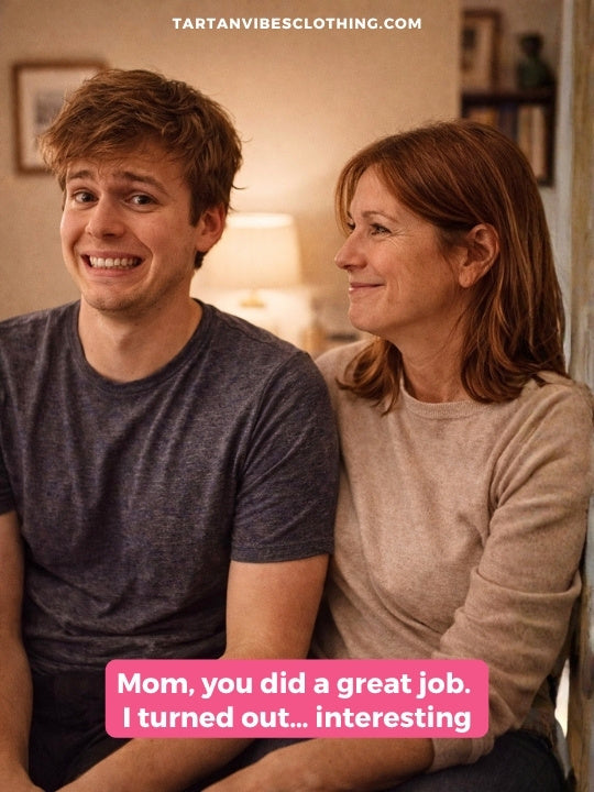 Dry humor Mother’s Day: grown son and mom share awkward smile