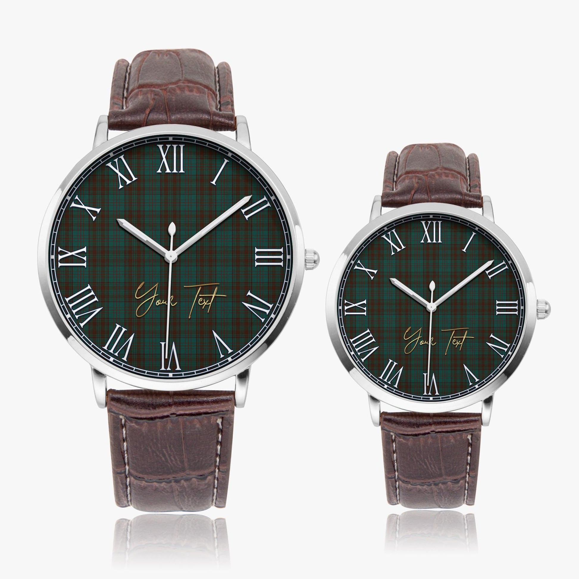 Dublin County Ireland Tartan Personalized Your Text Leather Trap Quartz Watch Ultra Thin Silver Case With Brown Leather Strap - Tartanvibesclothing