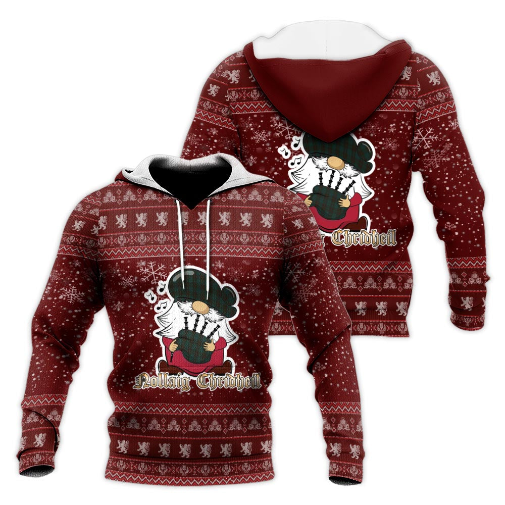 Dublin County Ireland Clan Christmas Knitted Hoodie with Funny Gnome Playing Bagpipes Red - Tartanvibesclothing