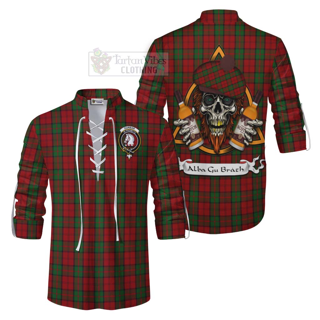 Tartan Vibes Clothing Dunbar Tartan Ghillie Kilt Shirt with Family Crest and Bearded Skull Holding Bottles of Whiskey