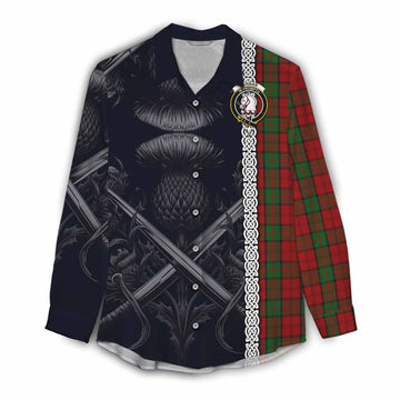 Tartan Vibes Clothing Dunbar Tartan Women's Casual Shirt with Family Crest Cross Sword Thistle Celtic Vibes