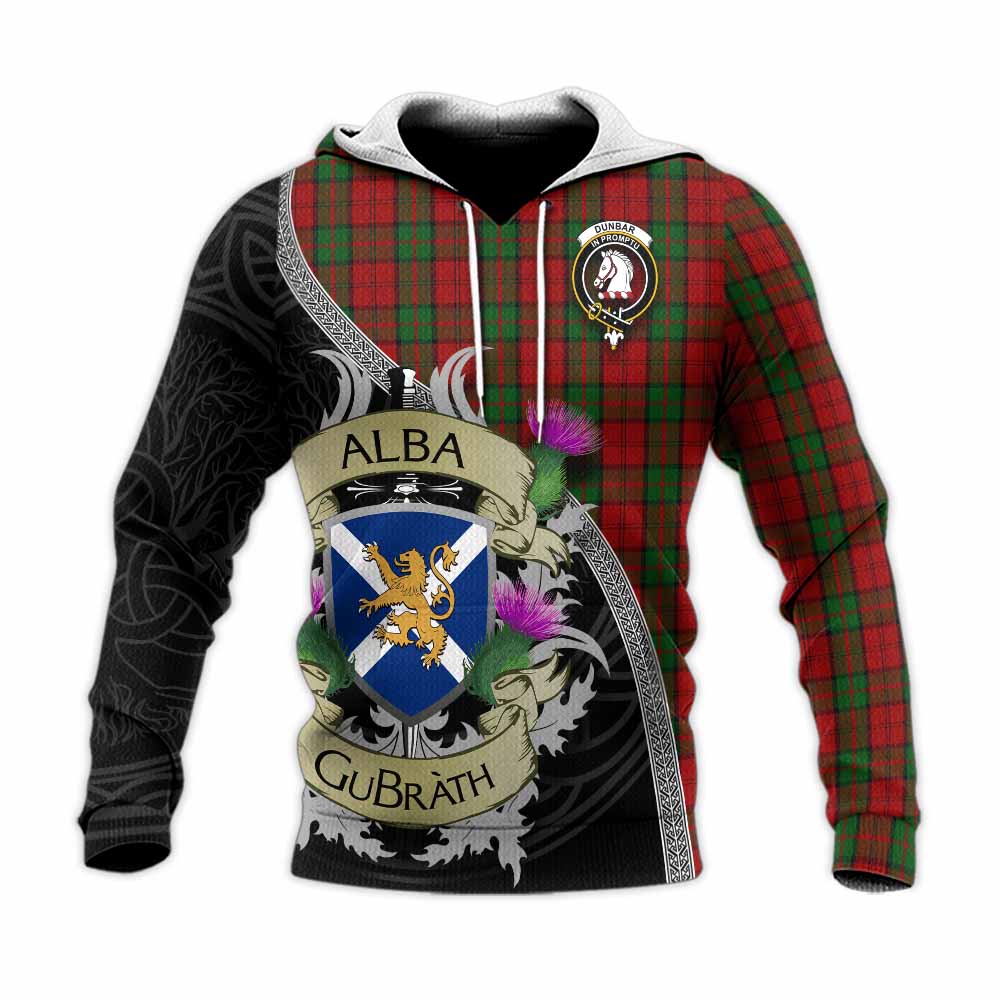 Tartan Vibes Clothing Dunbar Tartan Family Crest Knitted Hoodie Lion Rampant Royal Thistle Shield Celtic Inspired
