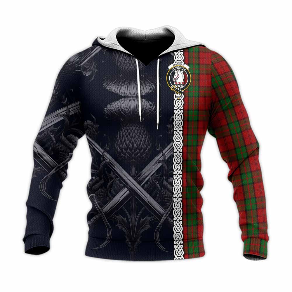Tartan Vibes Clothing Dunbar Tartan Knitted Hoodie with Family Crest Cross Sword Thistle Celtic Vibes