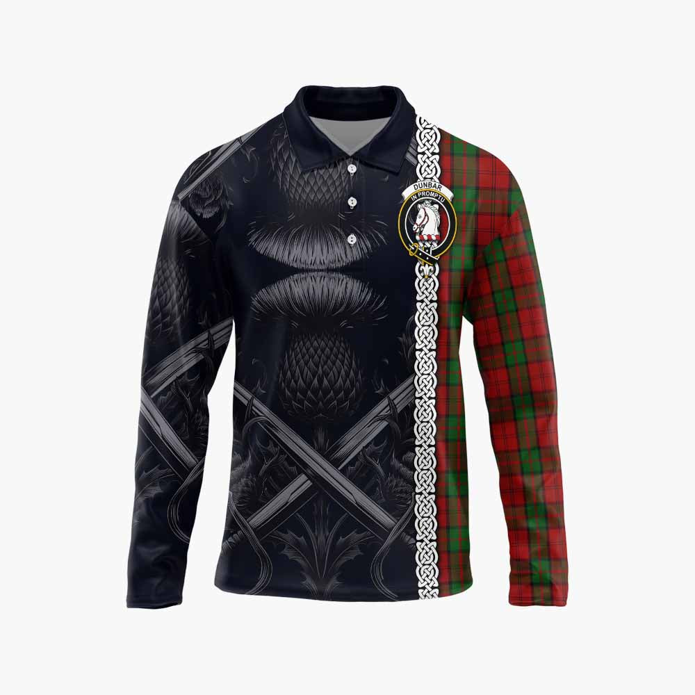 Tartan Vibes Clothing Dunbar Tartan Long Sleeve Polo Shirt with Family Crest Cross Sword Thistle Celtic Vibes
