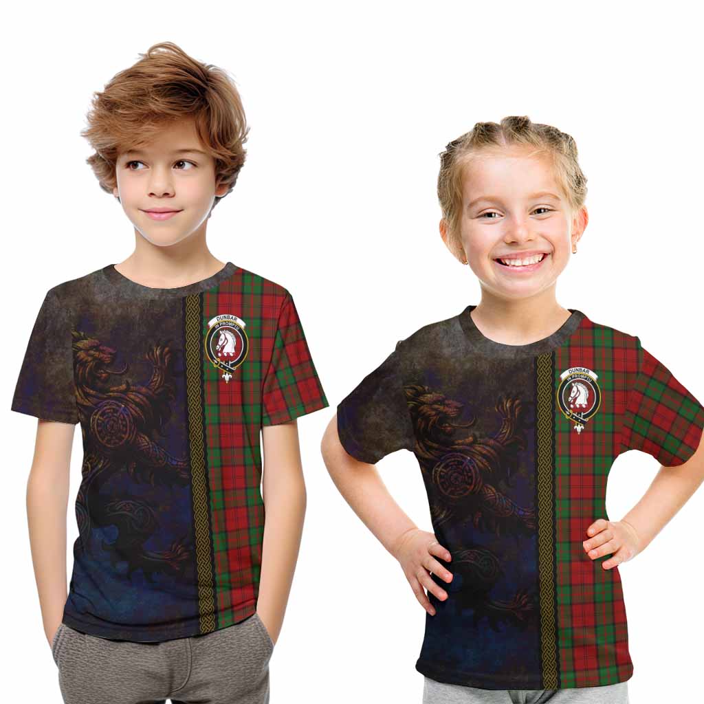 Tartan Vibes Clothing Dunbar Tartan Family Crest Kid T-Shirt Alba Gu Brath Be Brave Lion Ancient Style