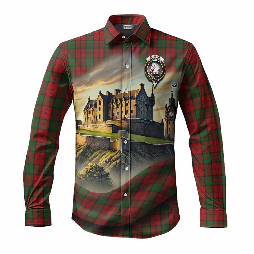Tartan Vibes Clothing Dunbar Tartan Family Crest Long Sleeve Button Shirt with Scottish Ancient Castle Style