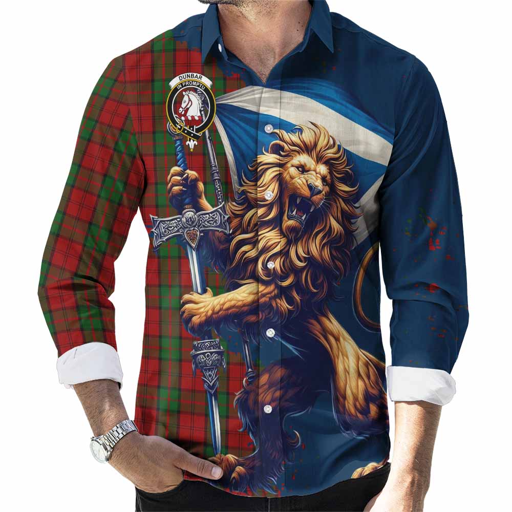 Tartan Vibes Clothing Dunbar Tartan Family Crest Long Sleeve Button Shirt with Scottish Majestic Lion