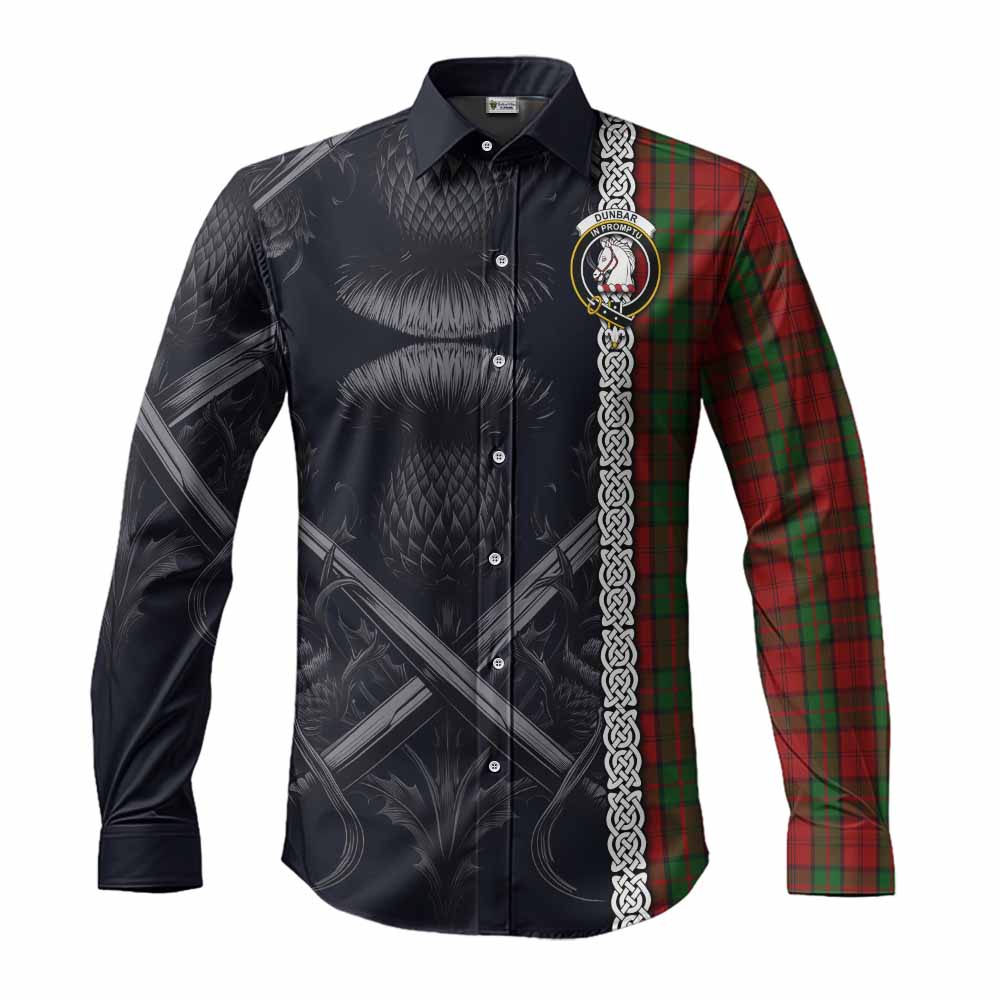 Tartan Vibes Clothing Dunbar Tartan Long Sleeve Button Shirt with Family Crest Cross Sword Thistle Celtic Vibes