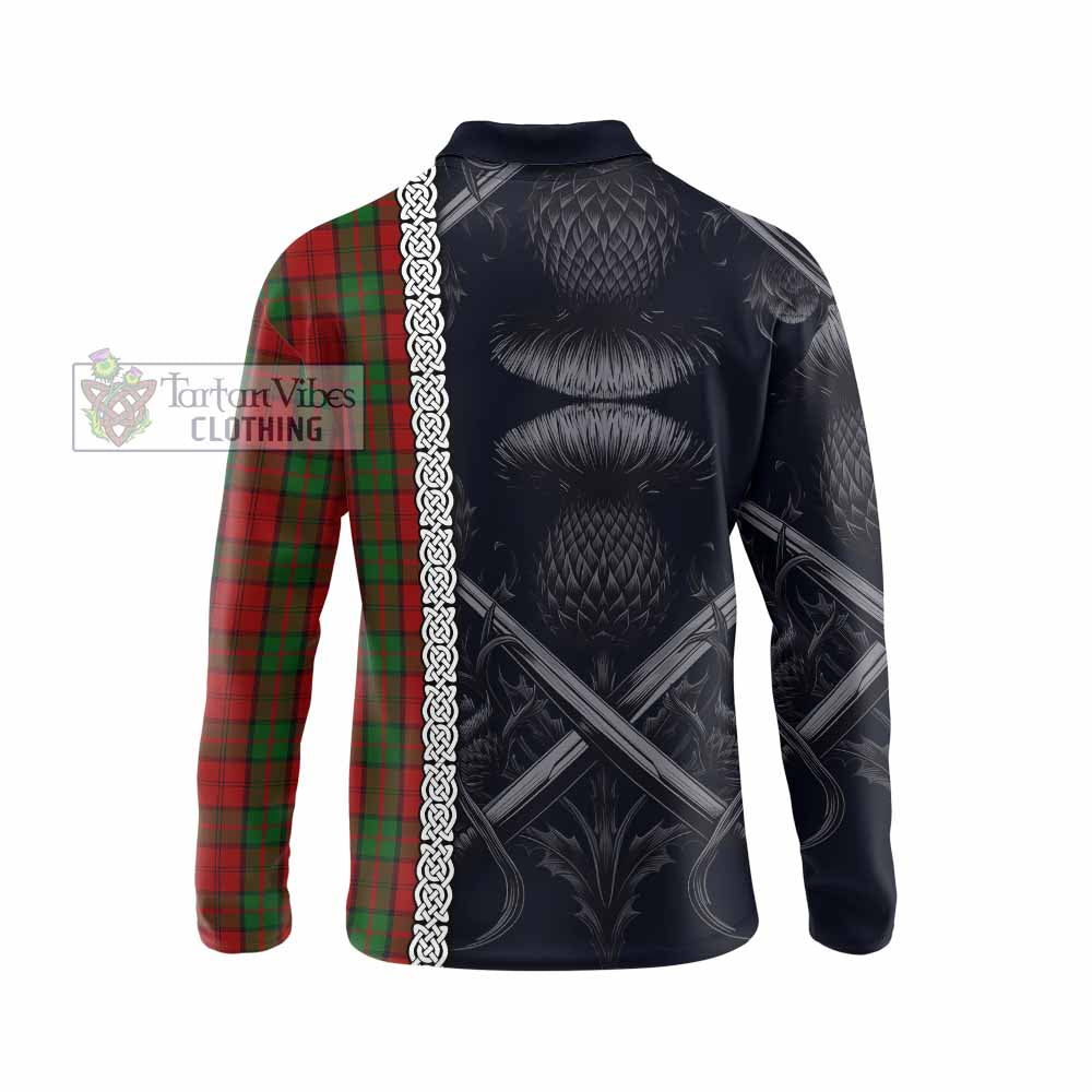 Tartan Vibes Clothing Dunbar Tartan Long Sleeve Polo Shirt with Family Crest Cross Sword Thistle Celtic Vibes