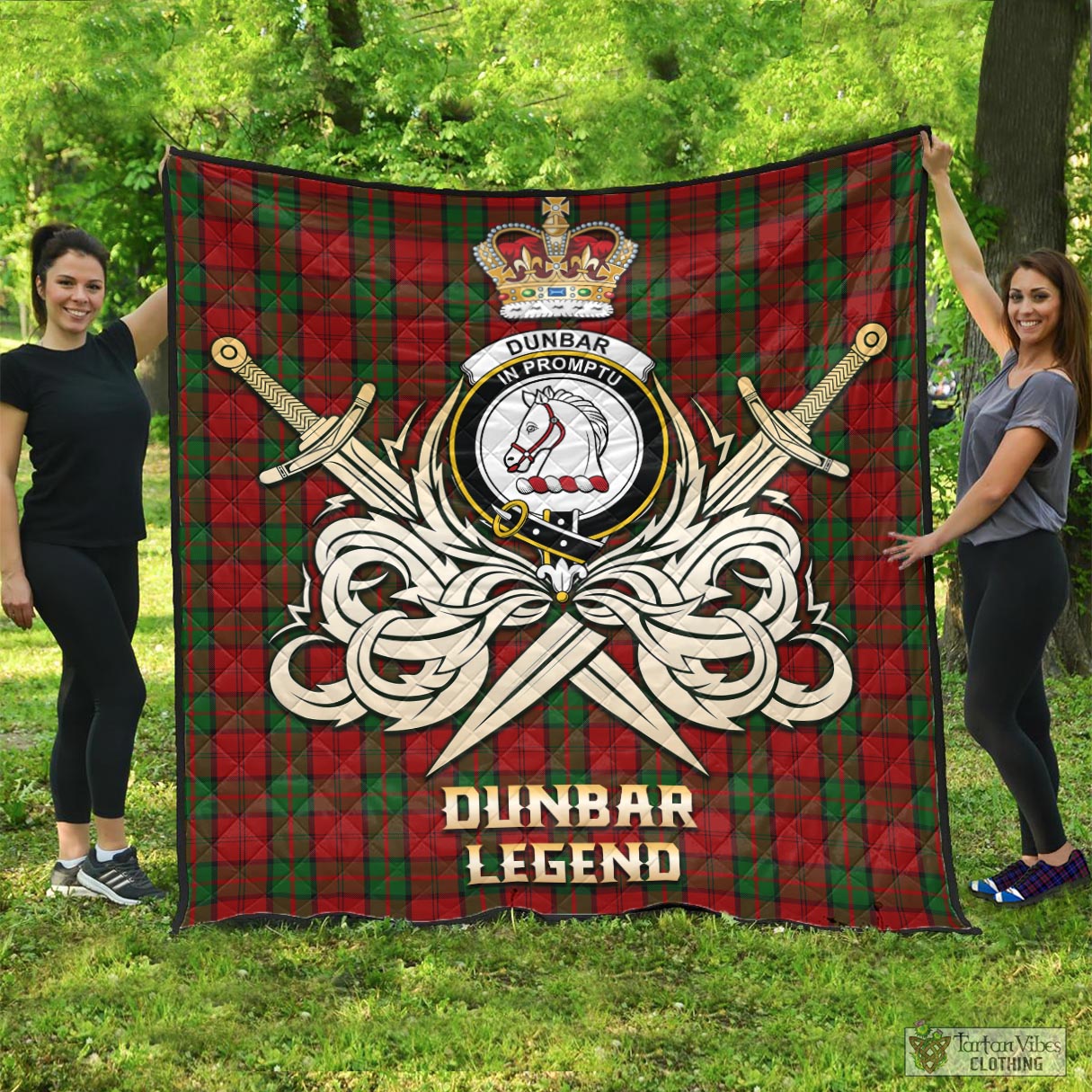 Tartan Vibes Clothing Dunbar Tartan Quilt with Clan Crest and the Golden Sword of Courageous Legacy