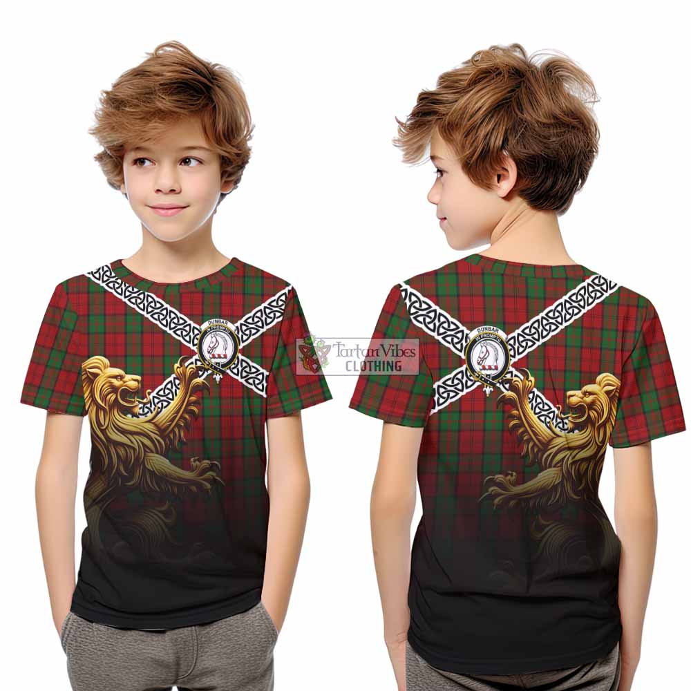 Tartan Vibes Clothing Dunbar Crest Tartan Kid T-Shirt with Golden Lion Emblem Celtic Style