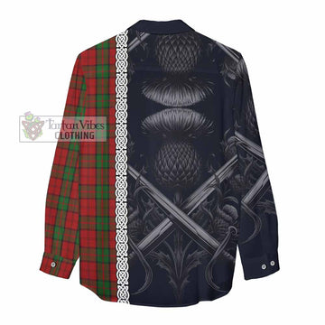 Tartan Vibes Clothing Dunbar Tartan Women's Casual Shirt with Family Crest Cross Sword Thistle Celtic Vibes