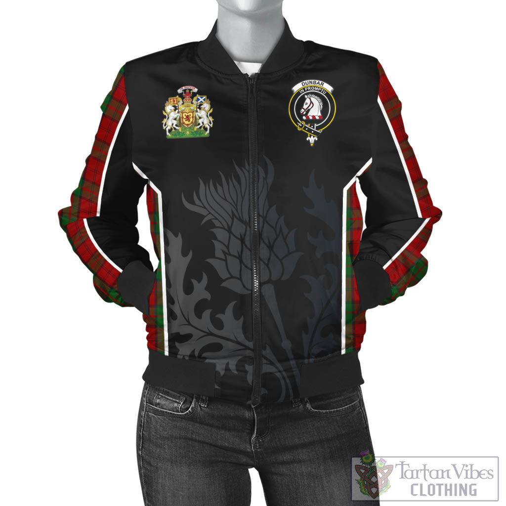 Tartan Vibes Clothing Dunbar Tartan Bomber Jacket with Family Crest and Scottish Thistle Vibes Sport Style