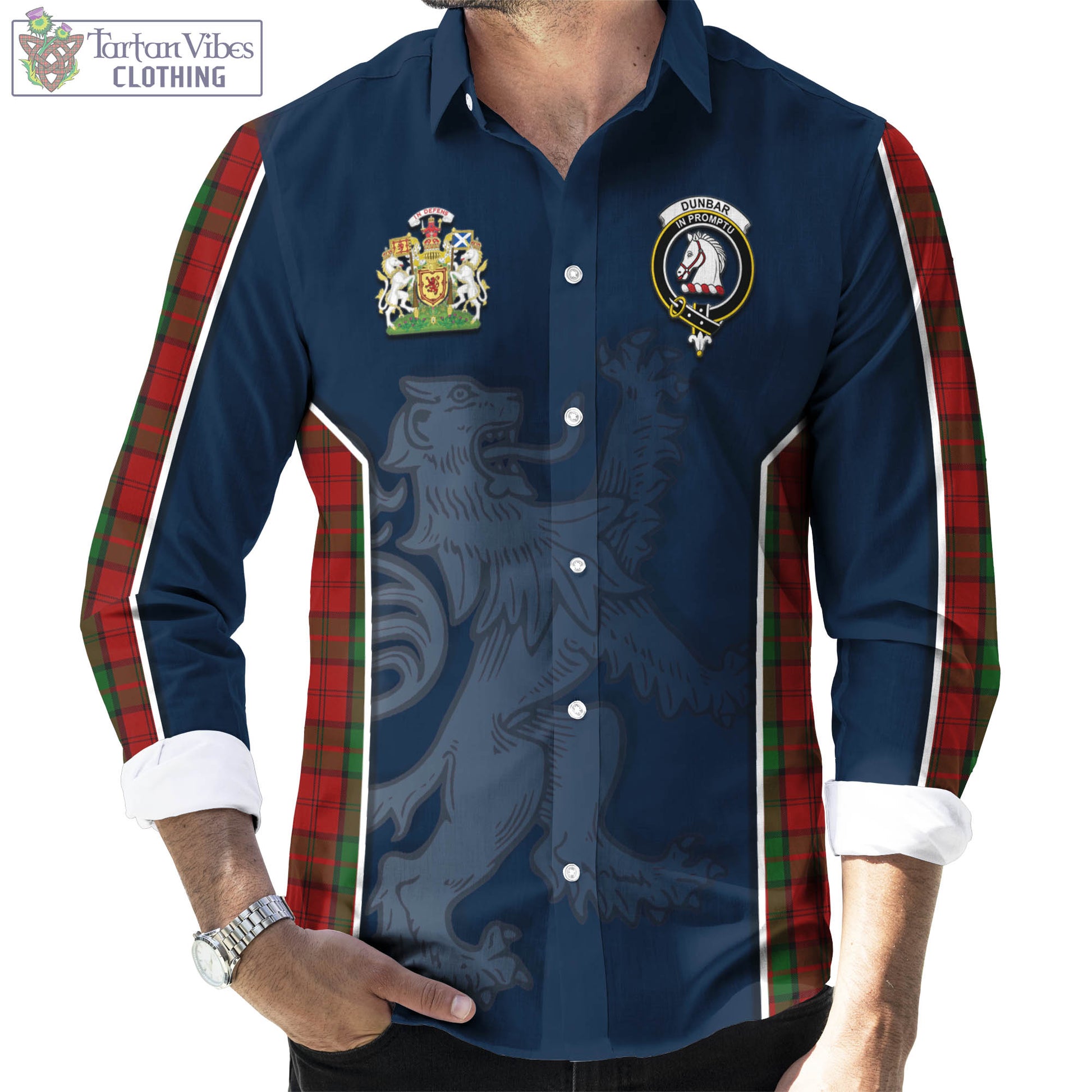 Tartan Vibes Clothing Dunbar Tartan Long Sleeve Button Up Shirt with Family Crest and Lion Rampant Vibes Sport Style