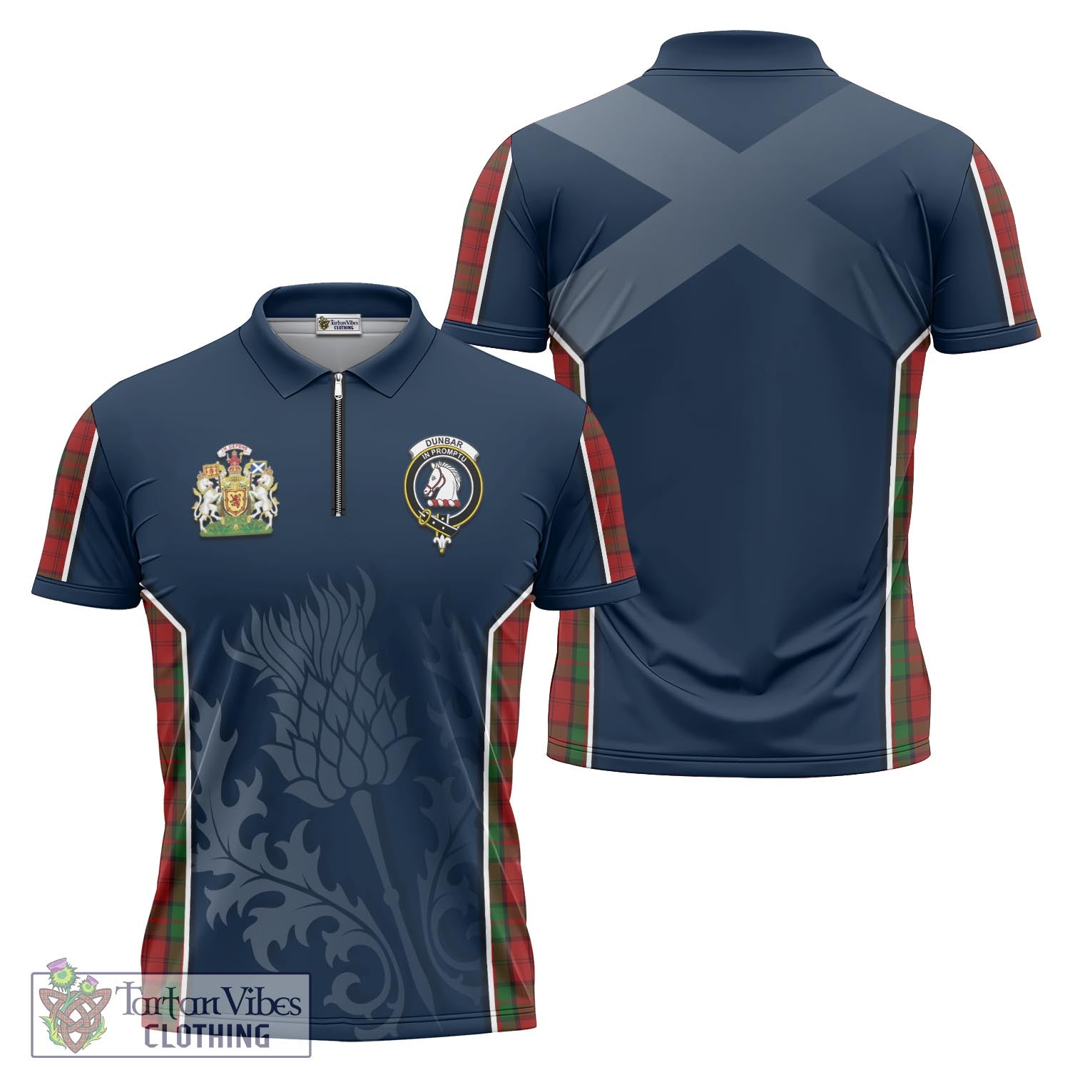 Tartan Vibes Clothing Dunbar Tartan Zipper Polo Shirt with Family Crest and Scottish Thistle Vibes Sport Style
