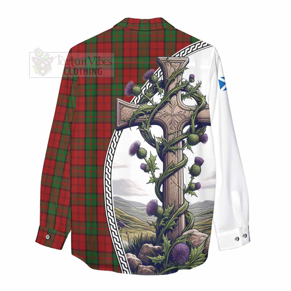 Tartan Vibes Clothing Dunbar Tartan Women's Casual Shirt with Family Crest and St. Andrew's Cross Accented by Thistle Vines