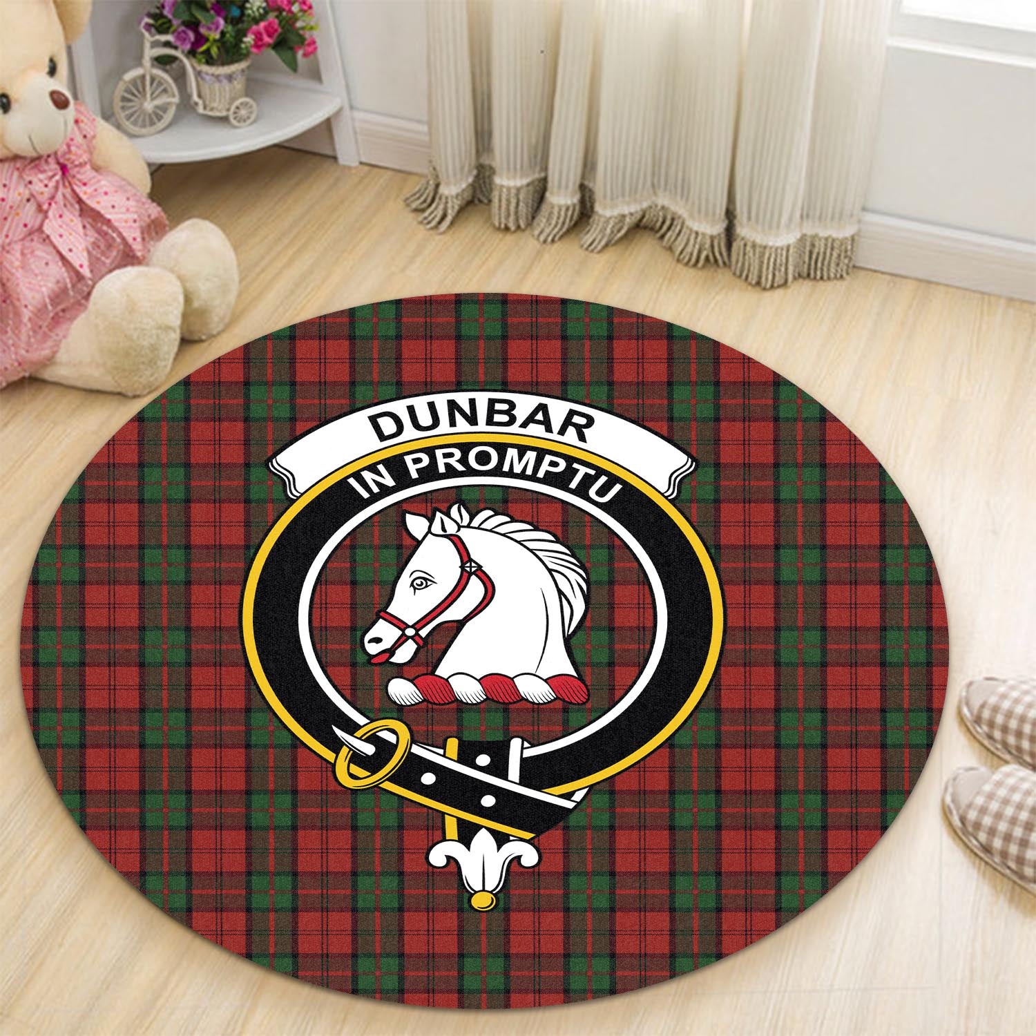 Dunbar Tartan Round Rug with Family Crest - Tartanvibesclothing