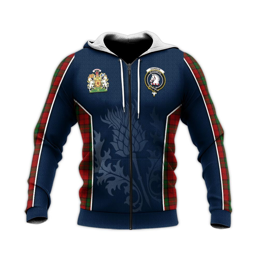 Tartan Vibes Clothing Dunbar Tartan Knitted Hoodie with Family Crest and Scottish Thistle Vibes Sport Style