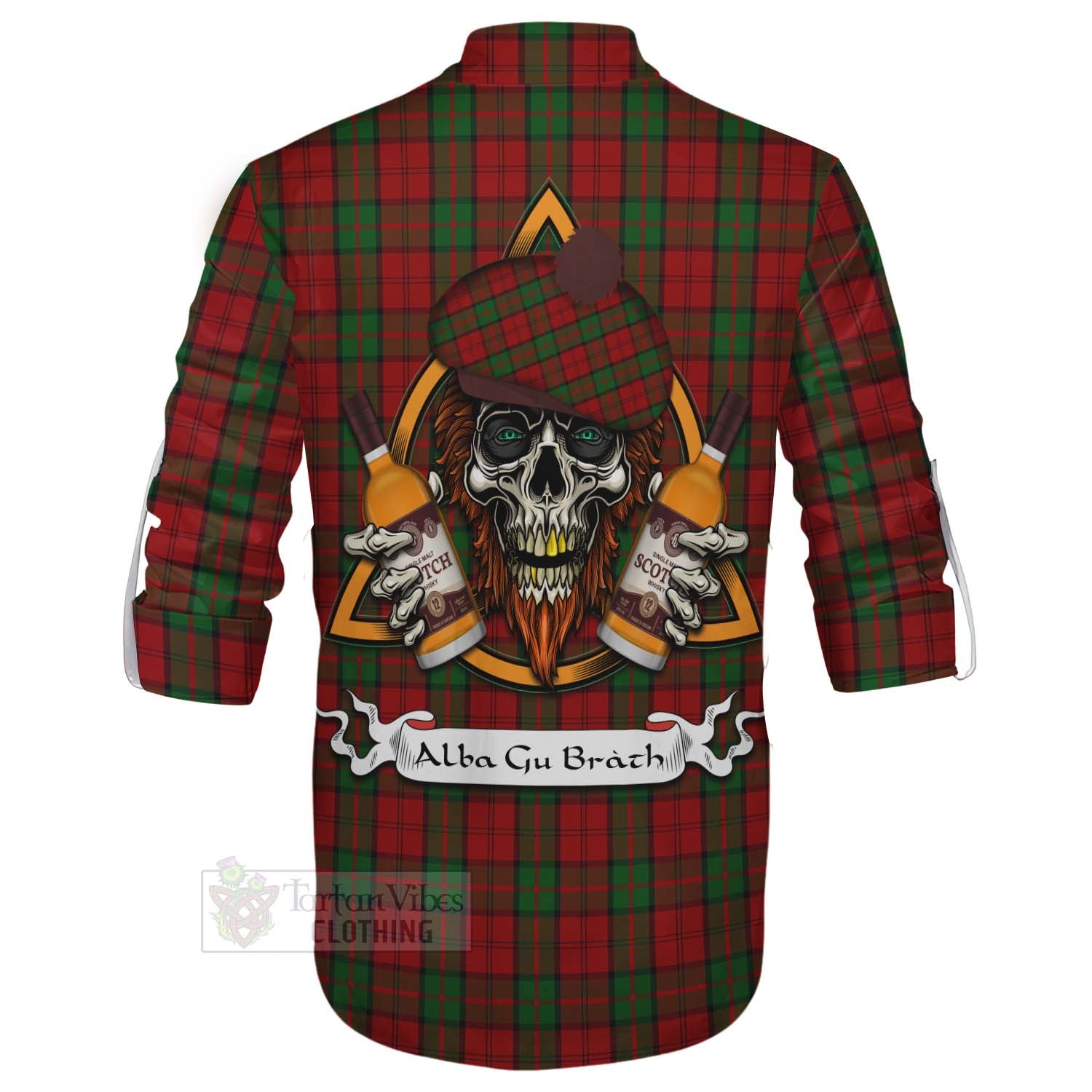 Tartan Vibes Clothing Dunbar Tartan Ghillie Kilt Shirt with Family Crest and Bearded Skull Holding Bottles of Whiskey