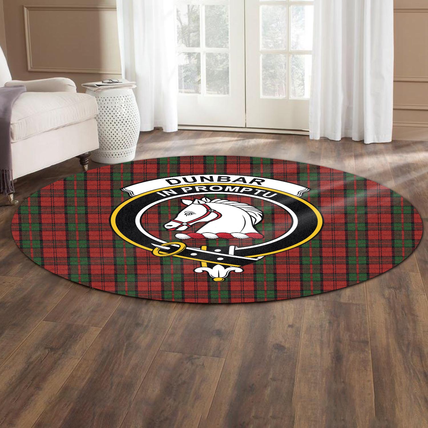 Dunbar Tartan Round Rug with Family Crest - Tartanvibesclothing