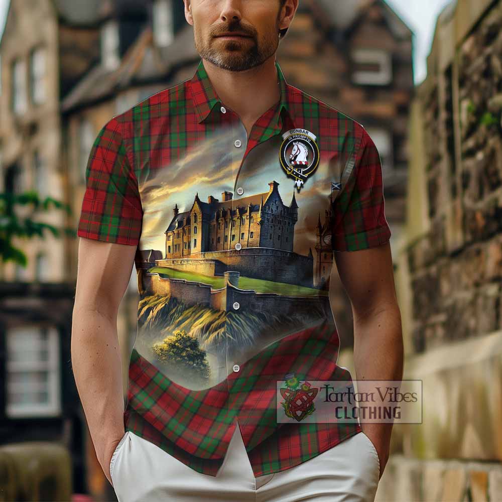 Tartan Vibes Clothing Dunbar Tartan Family Crest Short Sleeve Button Shirt with Scottish Ancient Castle Style