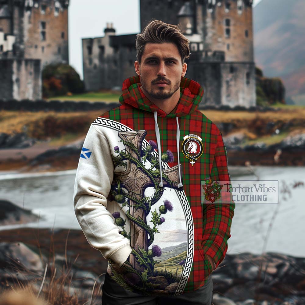 Tartan Vibes Clothing Dunbar Tartan Cotton Hoodie with Family Crest and St. Andrew's Cross Accented by Thistle Vines