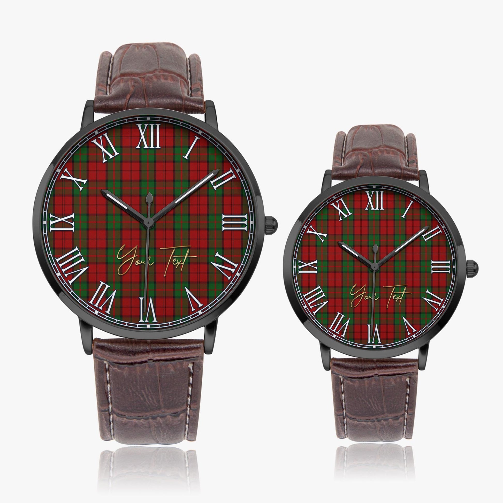 Dunbar Tartan Personalized Your Text Leather Trap Quartz Watch Ultra Thin Black Case With Brown Leather Strap - Tartanvibesclothing