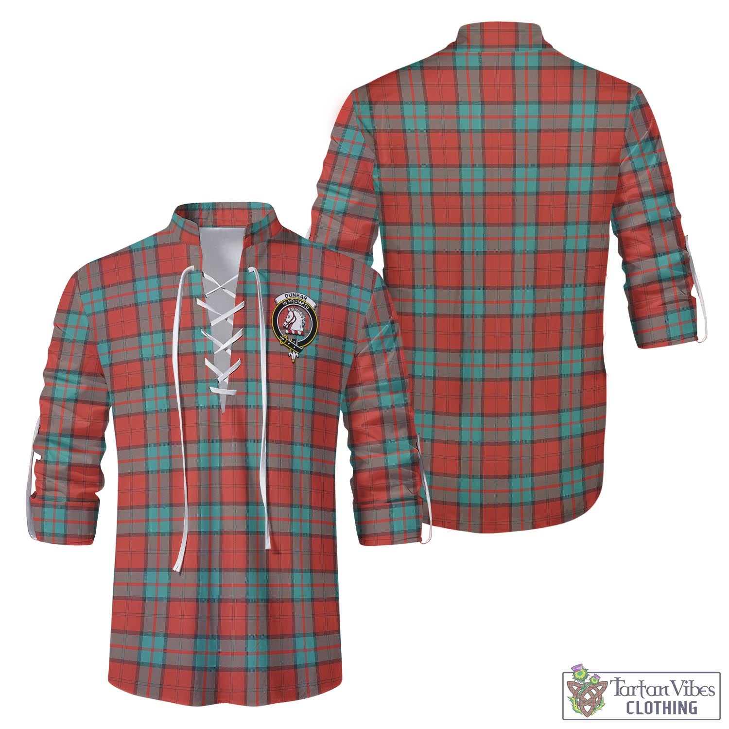 Tartan Vibes Clothing Dunbar Ancient Tartan Men's Scottish Traditional Jacobite Ghillie Kilt Shirt with Family Crest