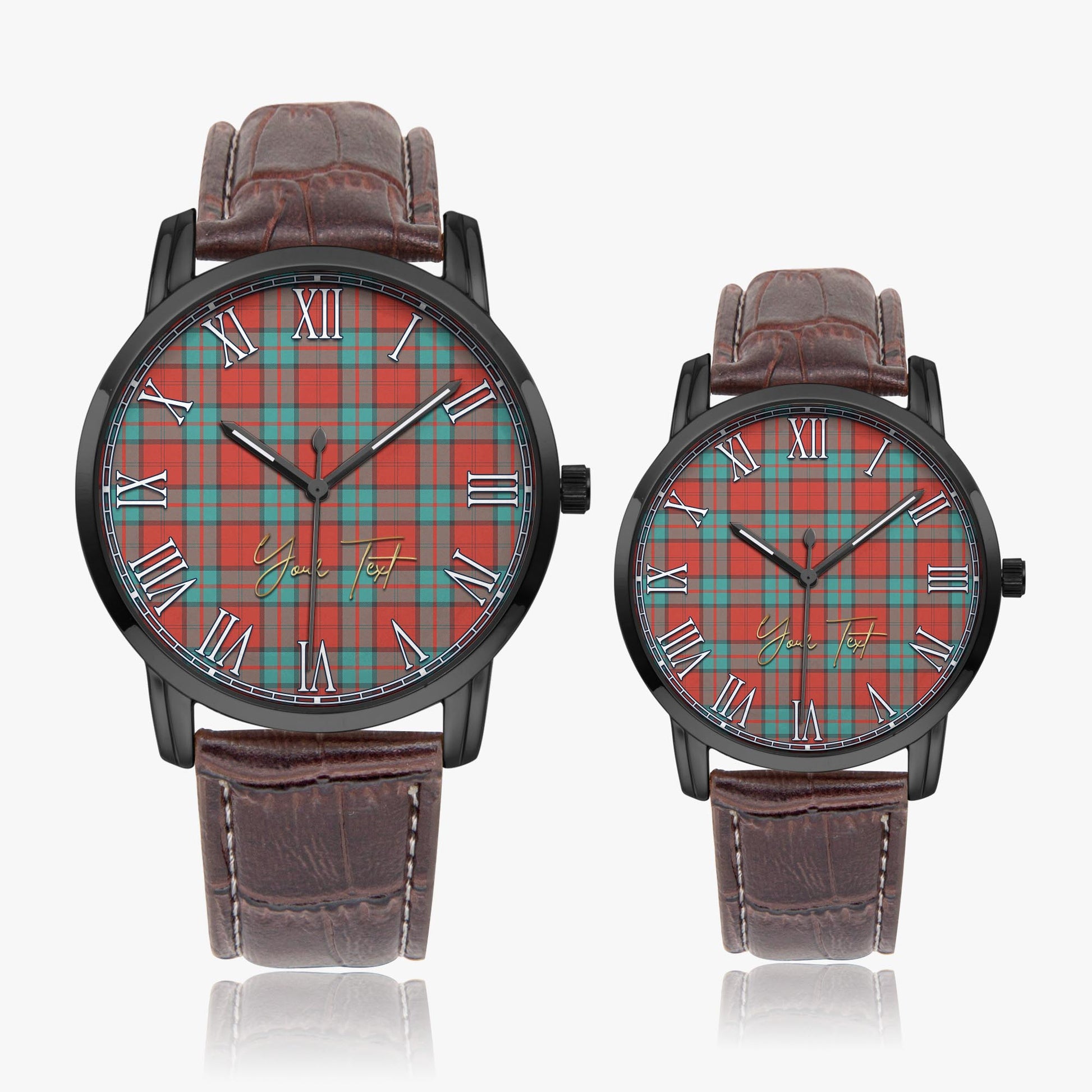 Dunbar Ancient Tartan Personalized Your Text Leather Trap Quartz Watch Wide Type Black Case With Brown Leather Strap - Tartanvibesclothing