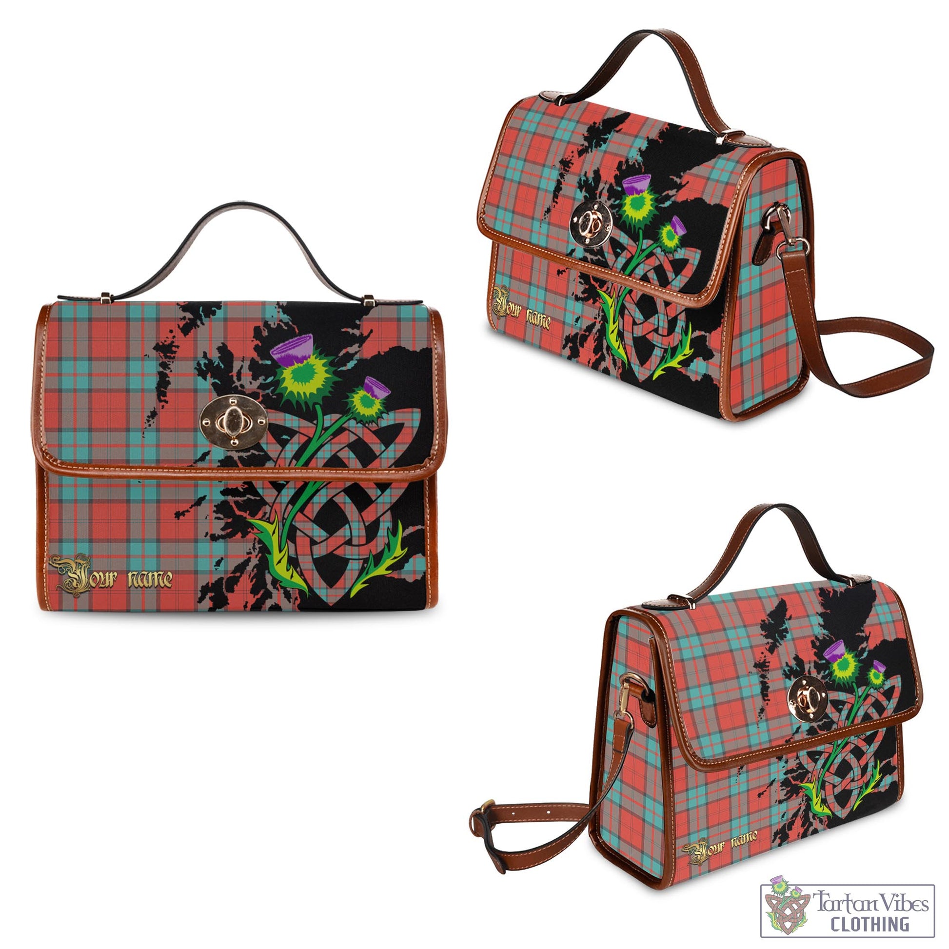 Tartan Vibes Clothing Dunbar Ancient Tartan Waterproof Canvas Bag with Scotland Map and Thistle Celtic Accents