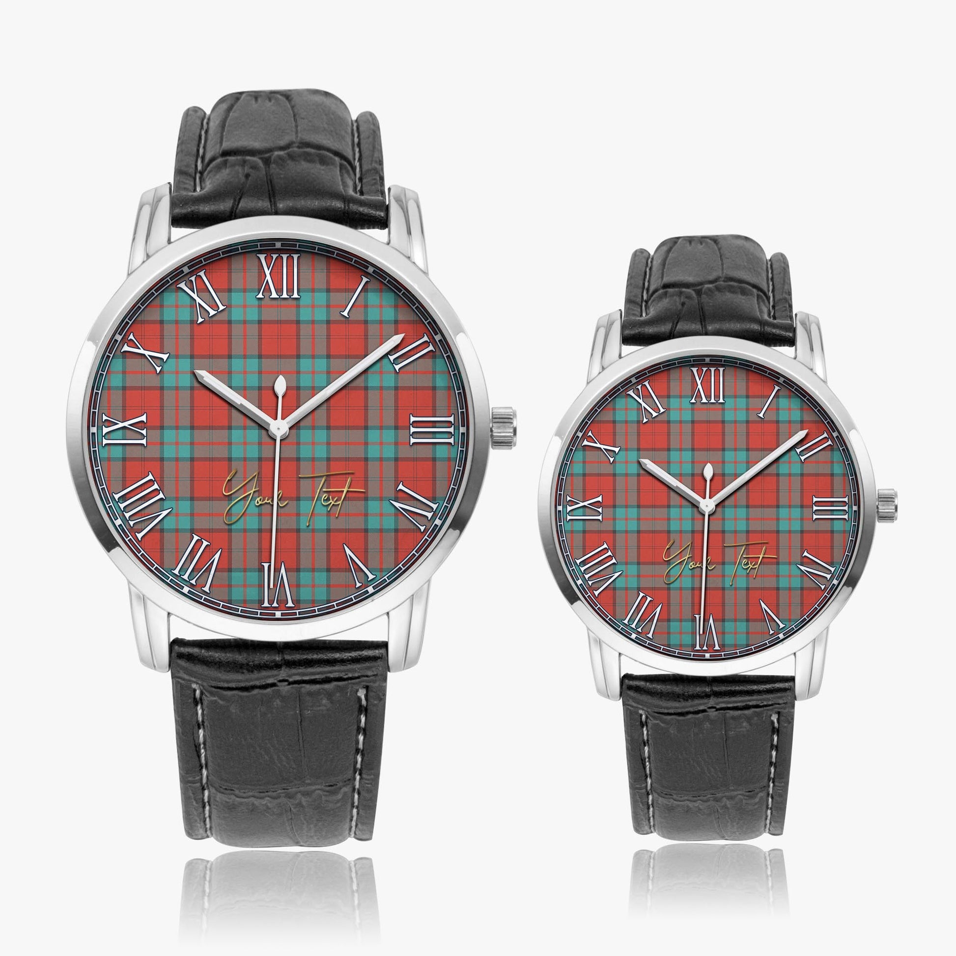 Dunbar Ancient Tartan Personalized Your Text Leather Trap Quartz Watch Wide Type Silver Case With Black Leather Strap - Tartanvibesclothing