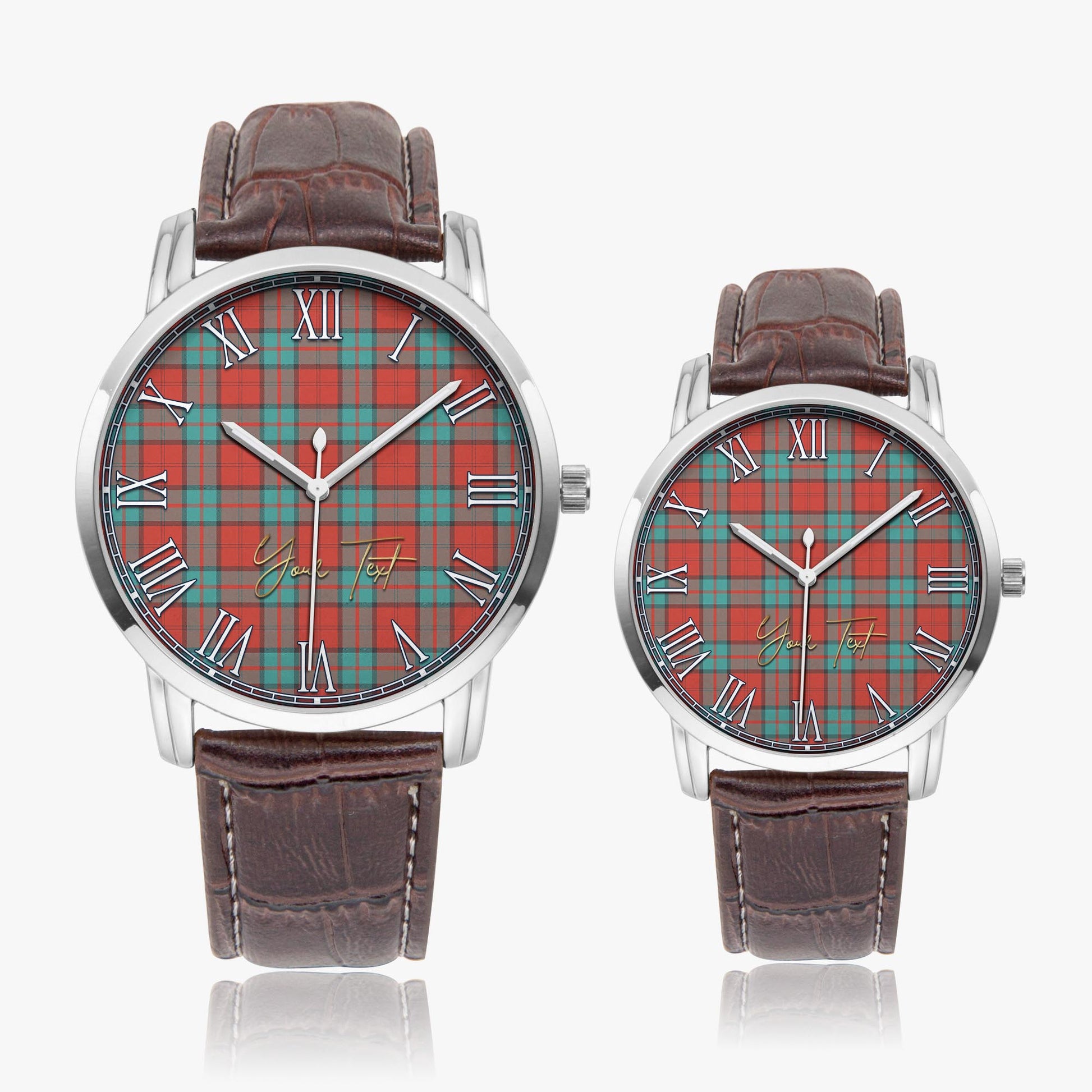 Dunbar Ancient Tartan Personalized Your Text Leather Trap Quartz Watch Wide Type Silver Case With Brown Leather Strap - Tartanvibesclothing