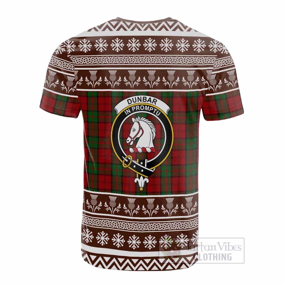 Dunbar Clan Tartan Christmas Cotton T-shirt with Family Crest - Tartan Vibes Clothing