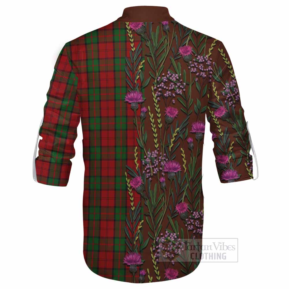 Dunbar Family Crest Tartan Ghillie Shirt Scottish Thistle Flower Pattern Half Style - Tartan Vibes Clothing
