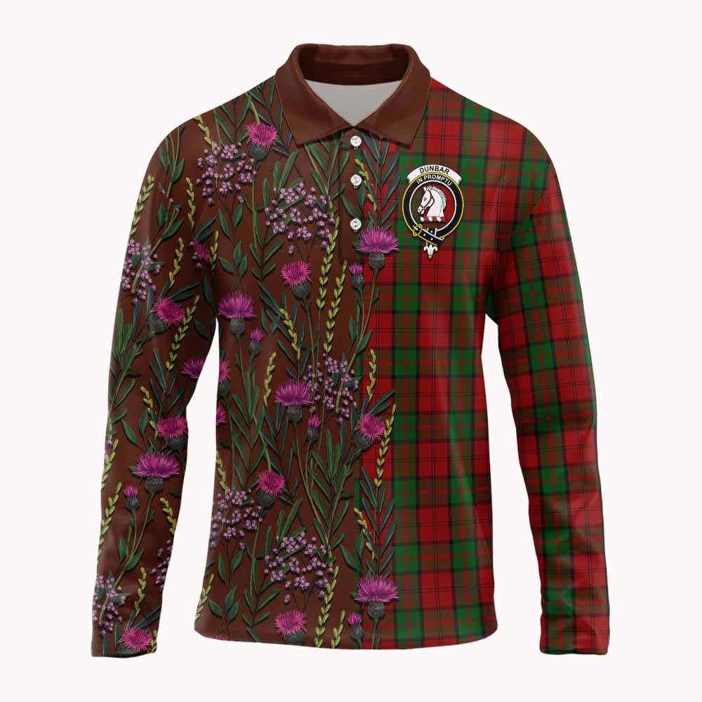 Dunbar Family Crest Tartan Long Sleeve Polo Shirt Scottish Thistle Flower Pattern Half Style - Tartan Vibes Clothing