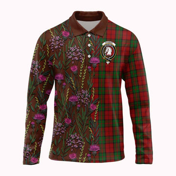 Dunbar Family Crest Tartan Long Sleeve Polo Shirt Scottish Thistle Flower Pattern Half Style