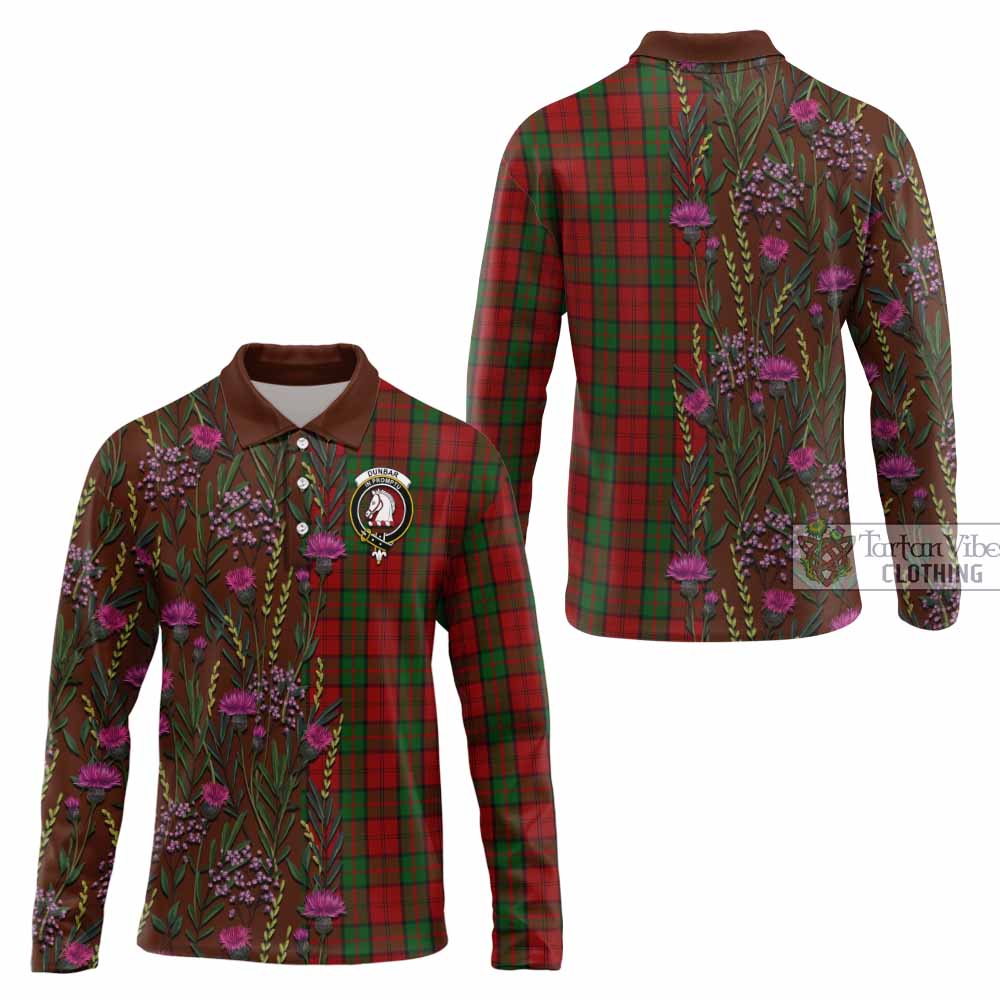 Dunbar Family Crest Tartan Long Sleeve Polo Shirt Scottish Thistle Flower Pattern Half Style - Tartan Vibes Clothing