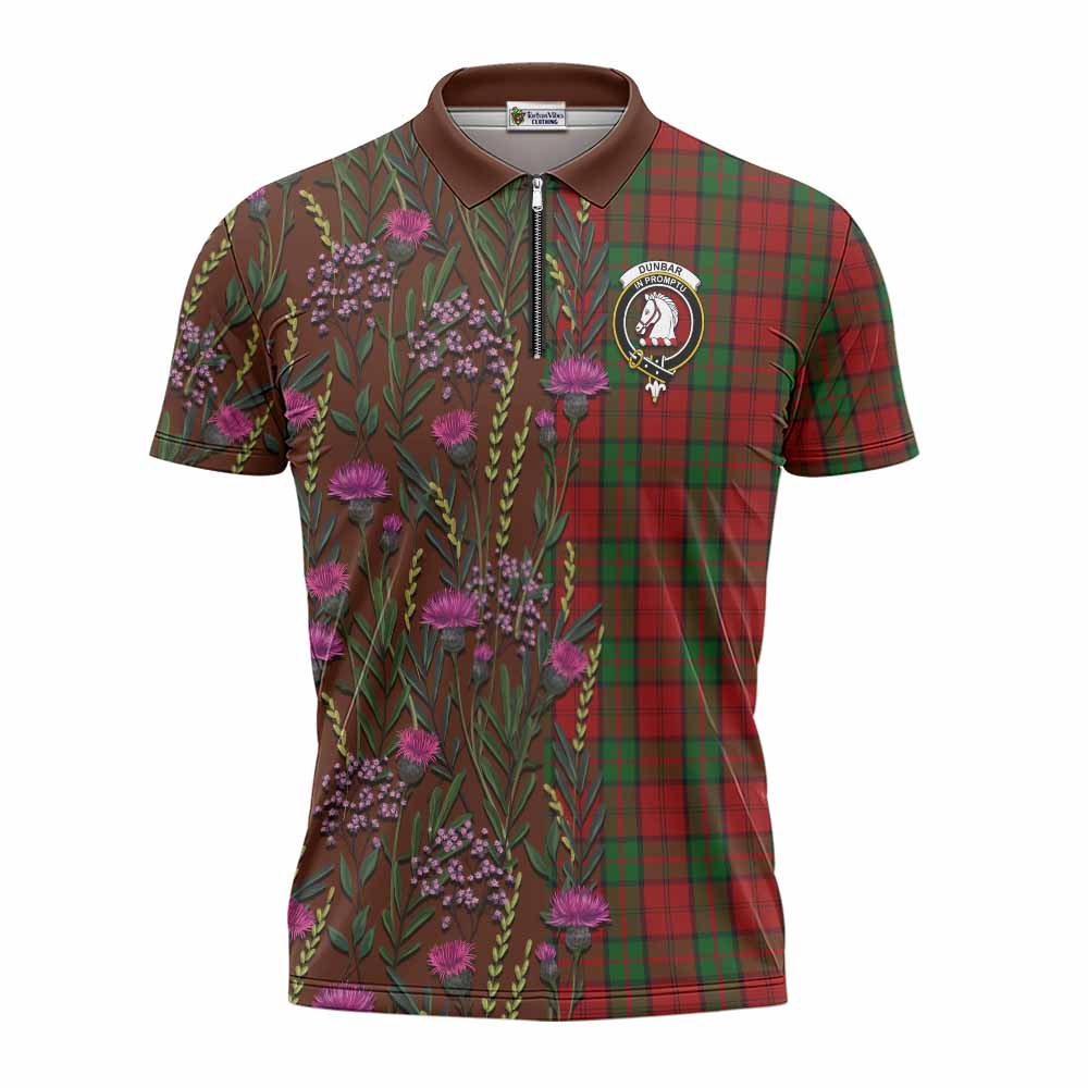 Dunbar Family Crest Tartan Zipper Polo Shirt Scottish Thistle Flower Pattern Half Style - Tartan Vibes Clothing