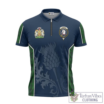 Dunbar Hunting Tartan Zipper Polo Shirt with Family Crest and Scottish Thistle Vibes Sport Style