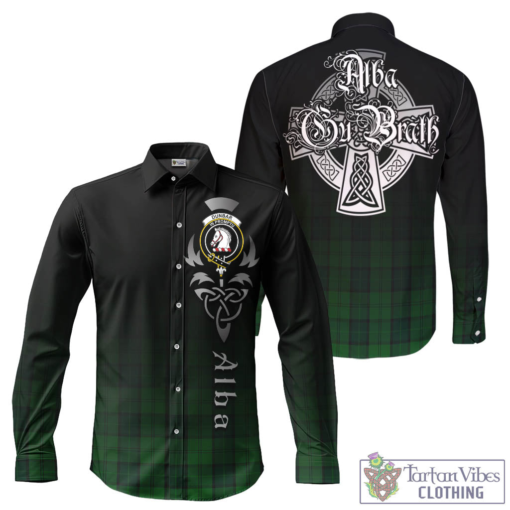 Tartan Vibes Clothing Dunbar Hunting Tartan Long Sleeve Button Up Featuring Alba Gu Brath Family Crest Celtic Inspired