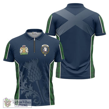 Dunbar Hunting Tartan Zipper Polo Shirt with Family Crest and Scottish Thistle Vibes Sport Style