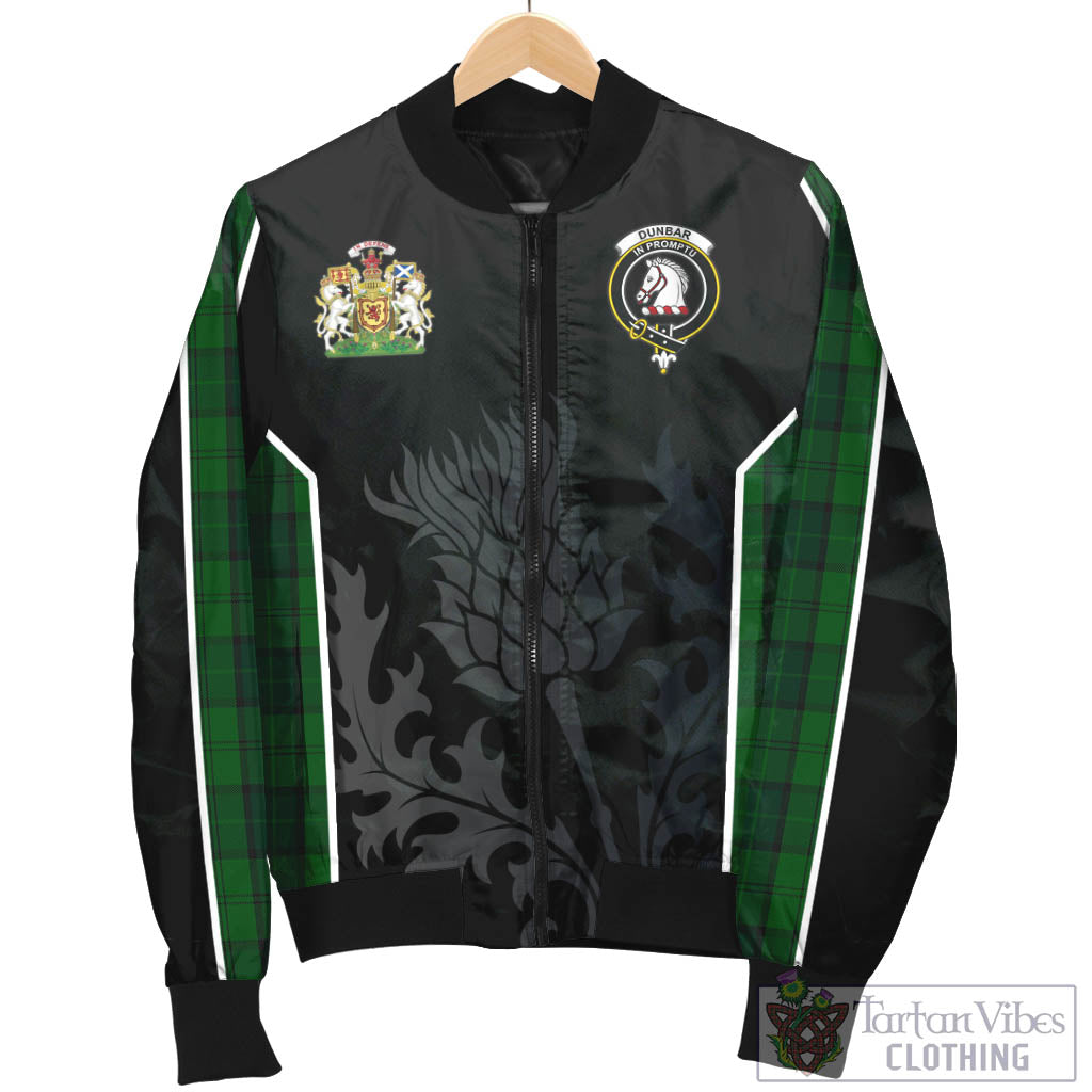 Tartan Vibes Clothing Dunbar Hunting Tartan Bomber Jacket with Family Crest and Scottish Thistle Vibes Sport Style