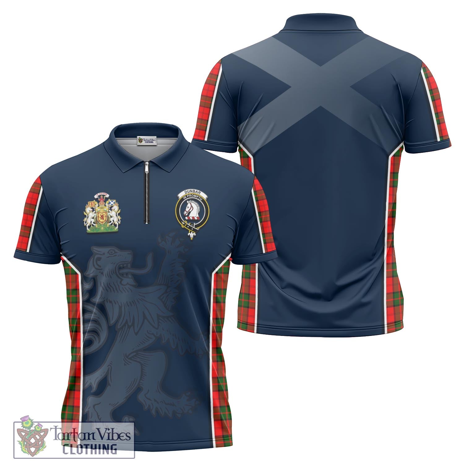 Tartan Vibes Clothing Dunbar Modern Tartan Zipper Polo Shirt with Family Crest and Lion Rampant Vibes Sport Style