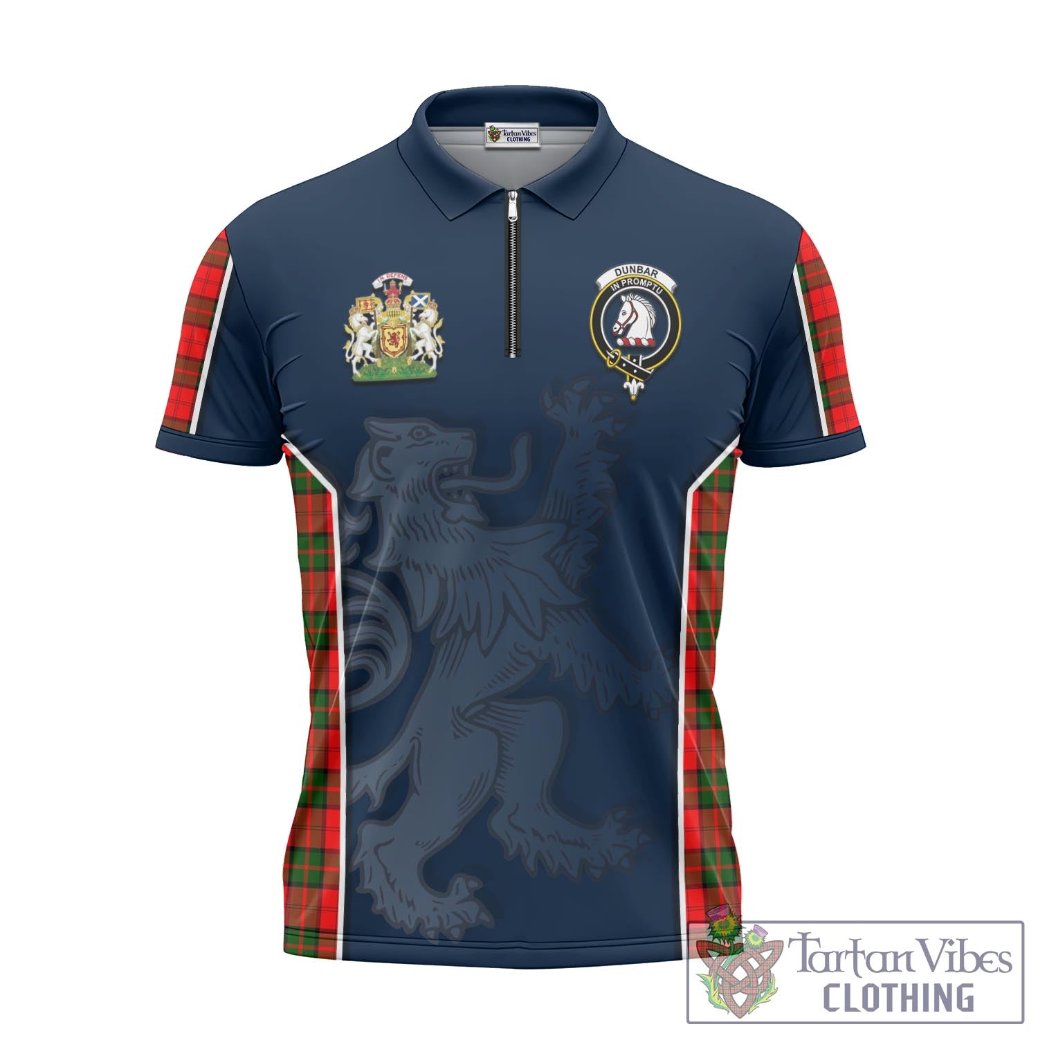Tartan Vibes Clothing Dunbar Modern Tartan Zipper Polo Shirt with Family Crest and Lion Rampant Vibes Sport Style